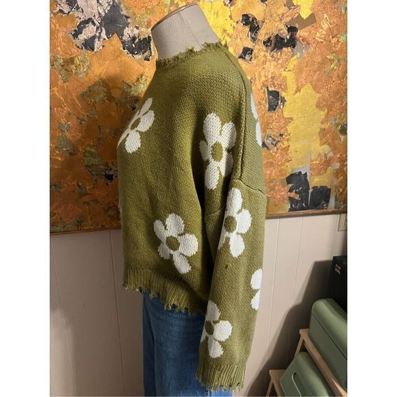 Hayden Distressed Floral Patterned Pullover Olive Green Oversized Sweater S - Picture 7 of 10